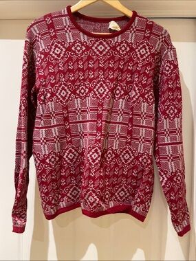 Uli Austrian Pure Wool Sweater Cranberry Red Sky Blue Jacquard Alpine Chic M-L
